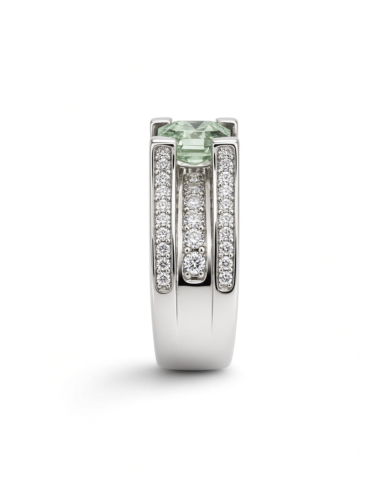 Square-Cut Green Tourmaline Ring, Channel-Set Band, Sterling Silver