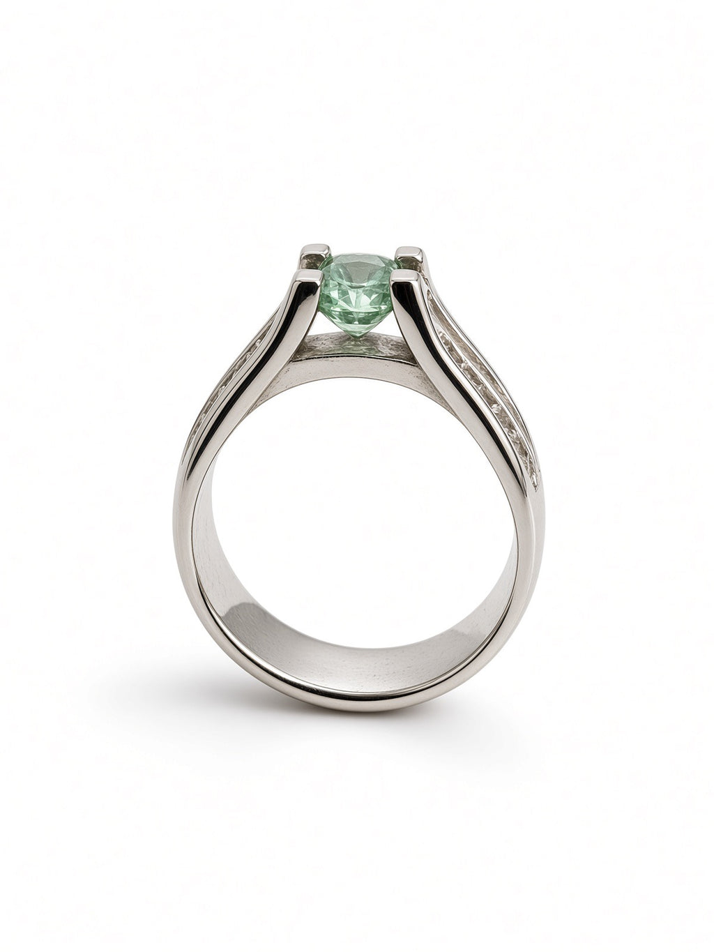 Square-Cut Green Tourmaline Ring, Channel-Set Band, Sterling Silver