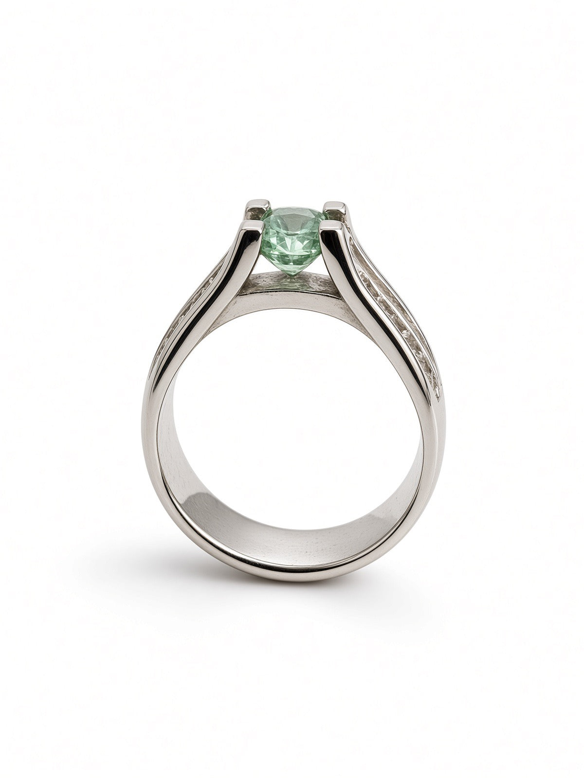 Square-Cut Green Tourmaline Ring, Channel-Set Band, Sterling Silver