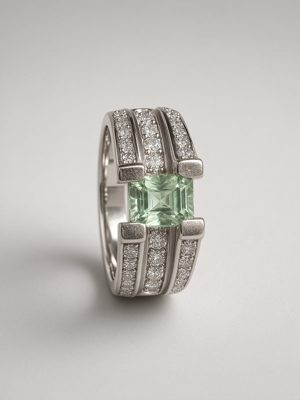 Square-Cut Green Tourmaline Ring, Channel-Set Band, Sterling Silver