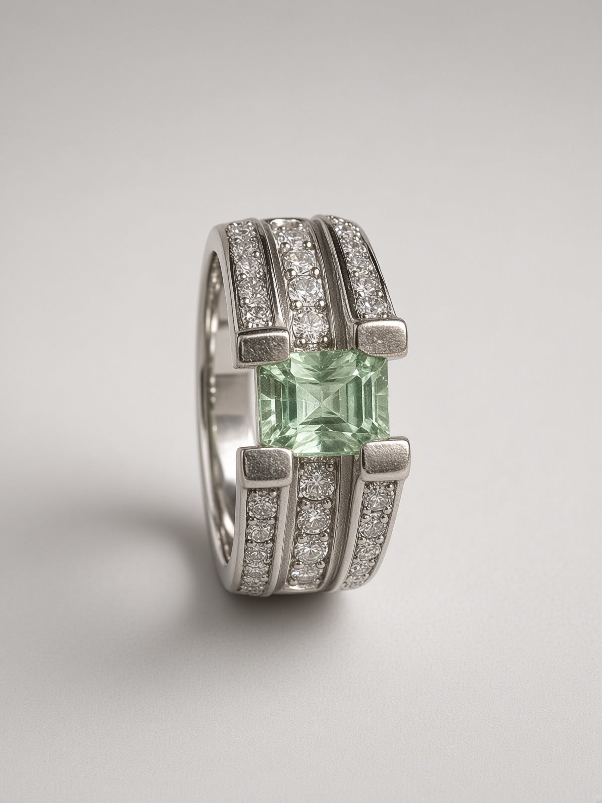 Square-Cut Green Tourmaline Ring, Channel-Set Band, Sterling Silver