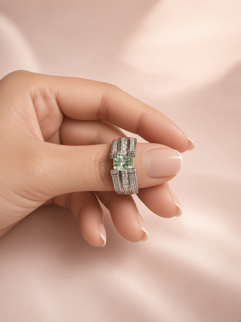 Square-Cut Green Tourmaline Ring, Channel-Set Band, Sterling Silver