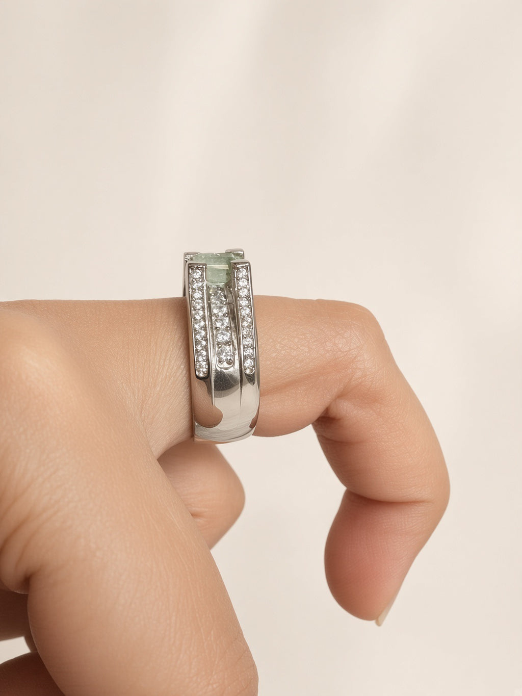 Square-Cut Green Tourmaline Ring, Channel-Set Band, Sterling Silver