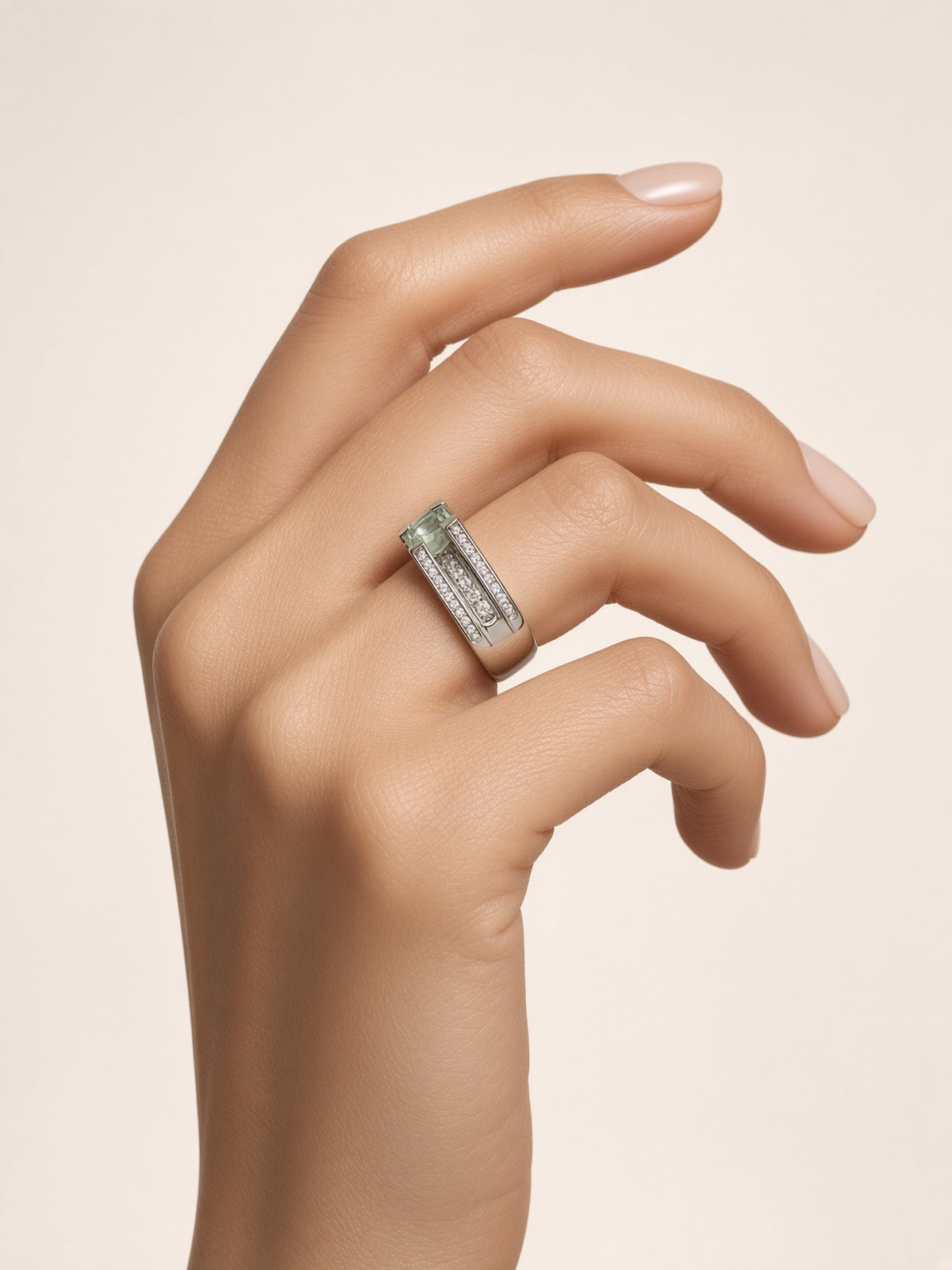 Square-Cut Green Tourmaline Ring, Channel-Set Band, Sterling Silver