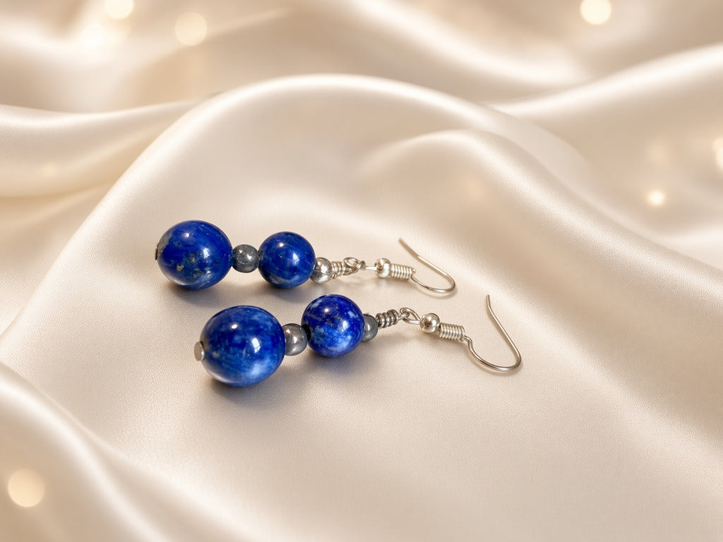 Lapis Lazuli Beaded Drop Earrings – Deep Blue Natural Stone Earrings