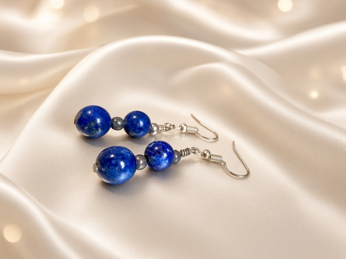 Lapis Lazuli Beaded Drop Earrings – Deep Blue Natural Stone Earrings