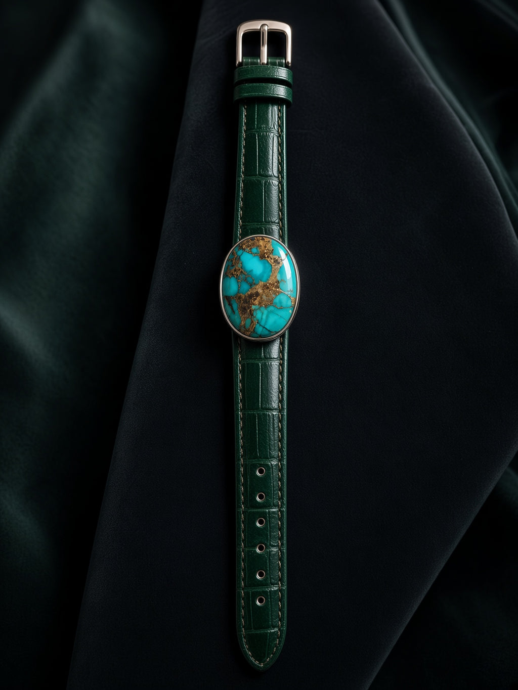 Natural Turquoise (Feroza) Bracelet, Oval Cabochon, Sterling Silver Bezel