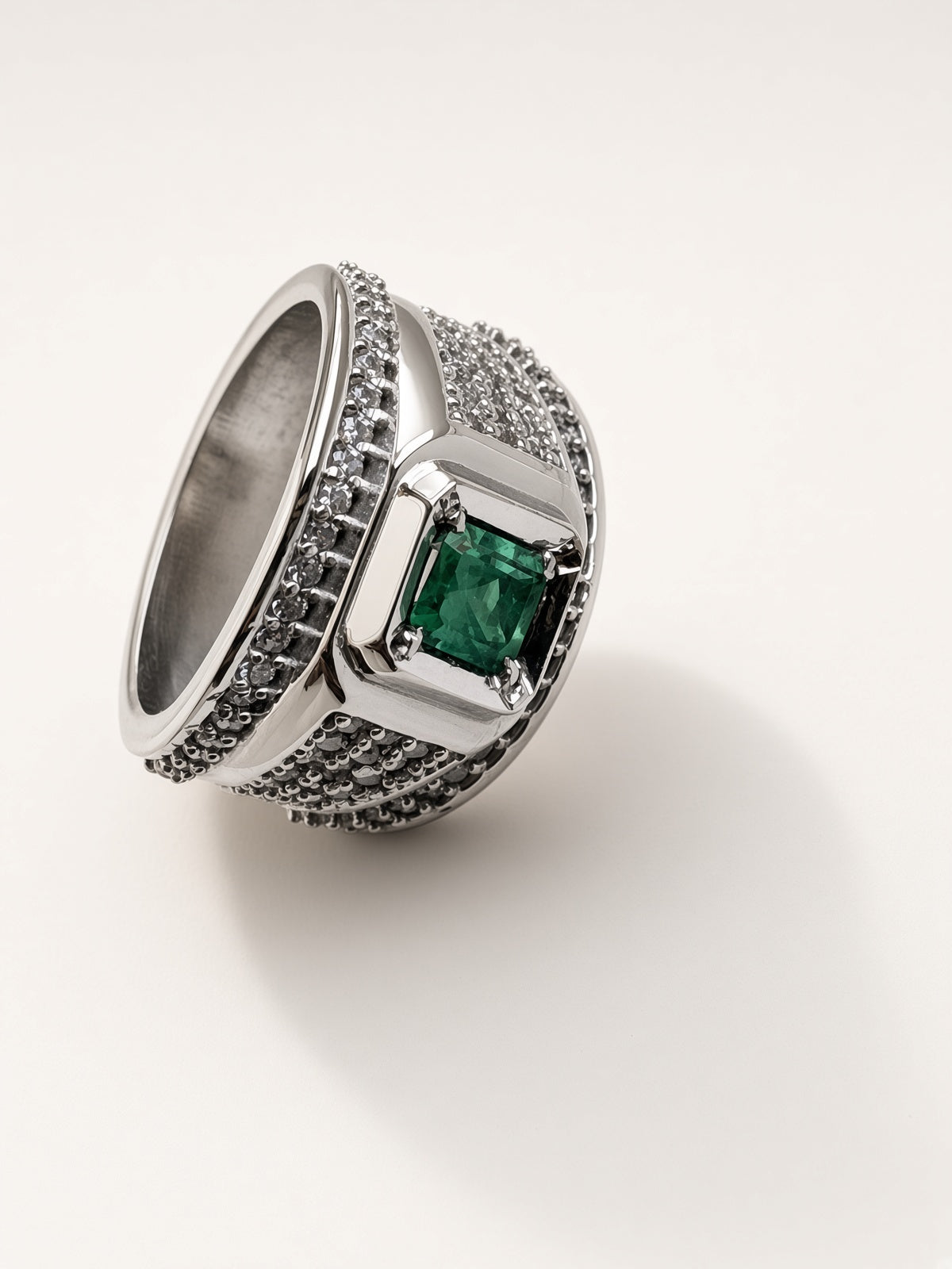 925 Silver Natural Emerald-Cut Green Tourmaline Ring with Side Accents – Wide Band