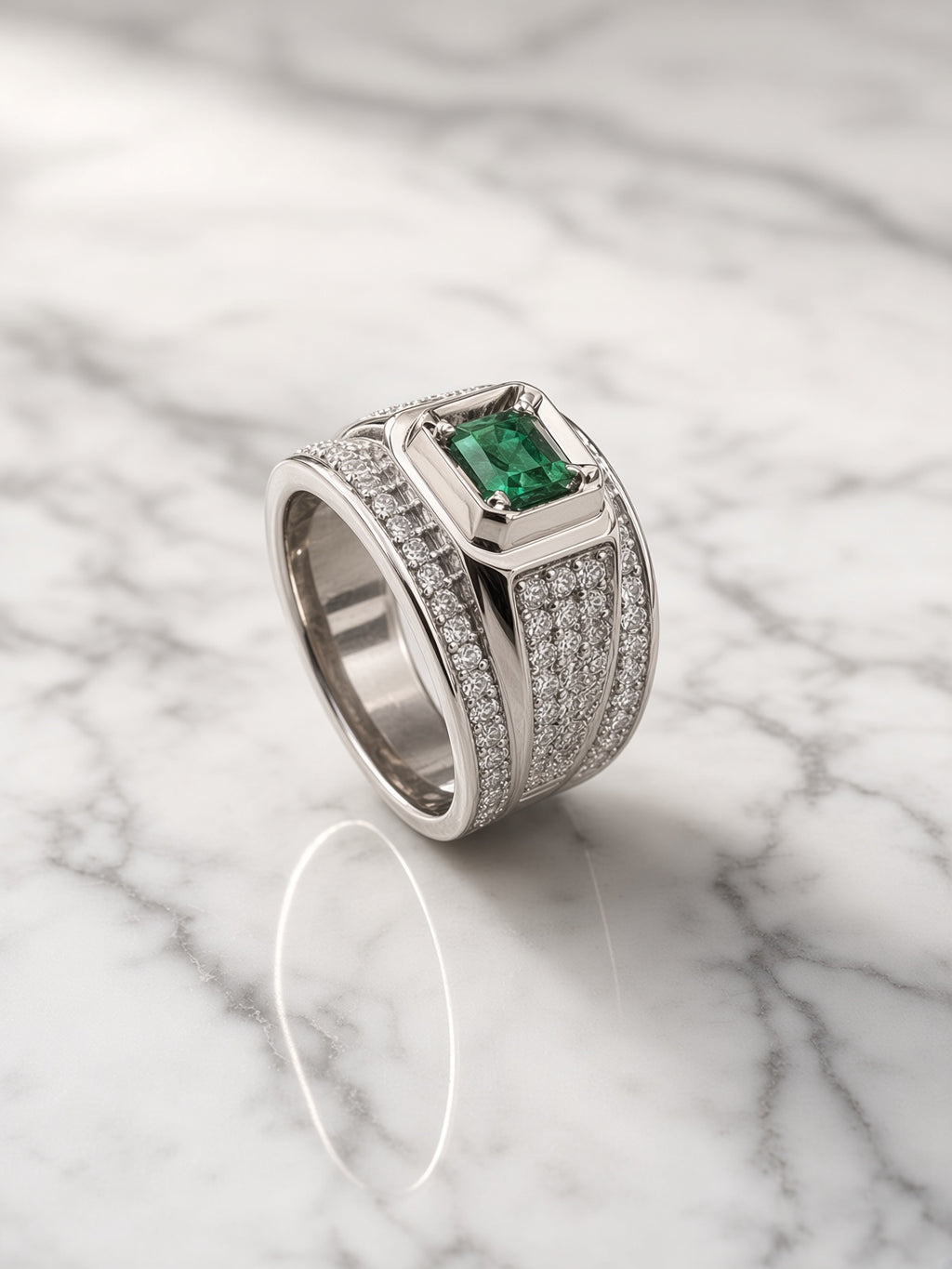 925 Silver Natural Emerald-Cut Green Tourmaline Ring with Side Accents – Wide Band