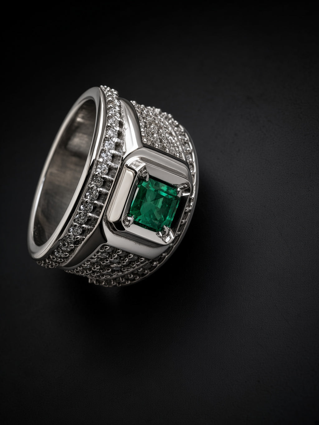 925 Silver Natural Emerald-Cut Green Tourmaline Ring with Side Accents – Wide Band