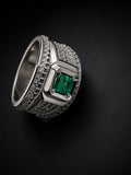 925 Silver Natural Emerald-Cut Green Tourmaline Ring with Side Accents – Wide Band