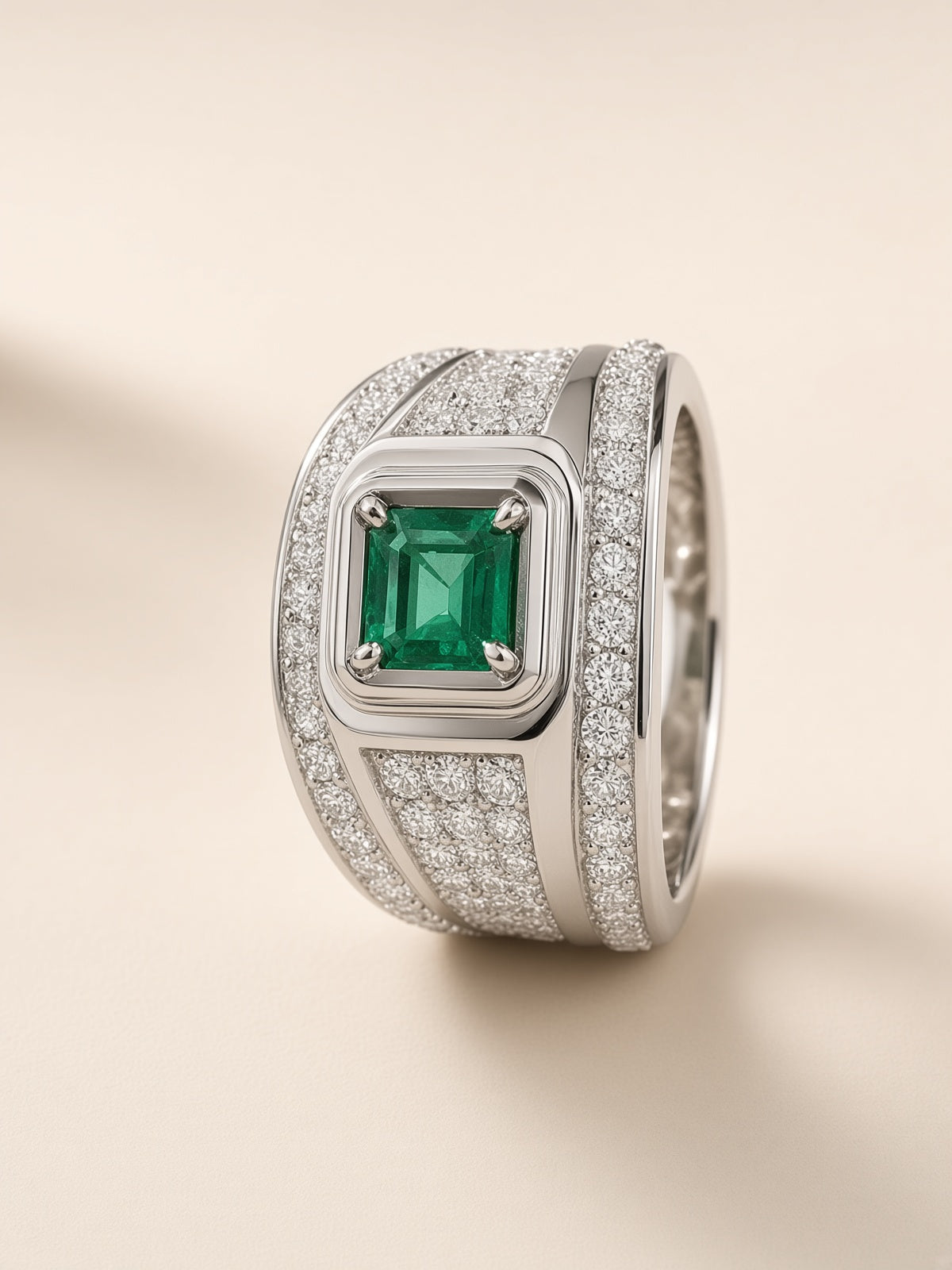 925 Silver Natural Emerald-Cut Green Tourmaline Ring with Side Accents – Wide Band